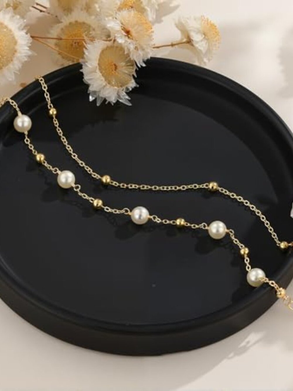 New - Pearl Bracelets for Women, Dainty 14K-Gold-Plated Pearls Beaded Link Chai